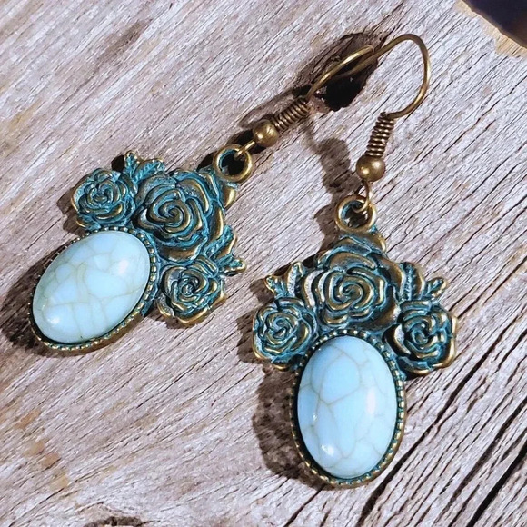 Bronze Rose Flowers Turquoise Blue Stone Dangle Earrings - Picture 4 of 8